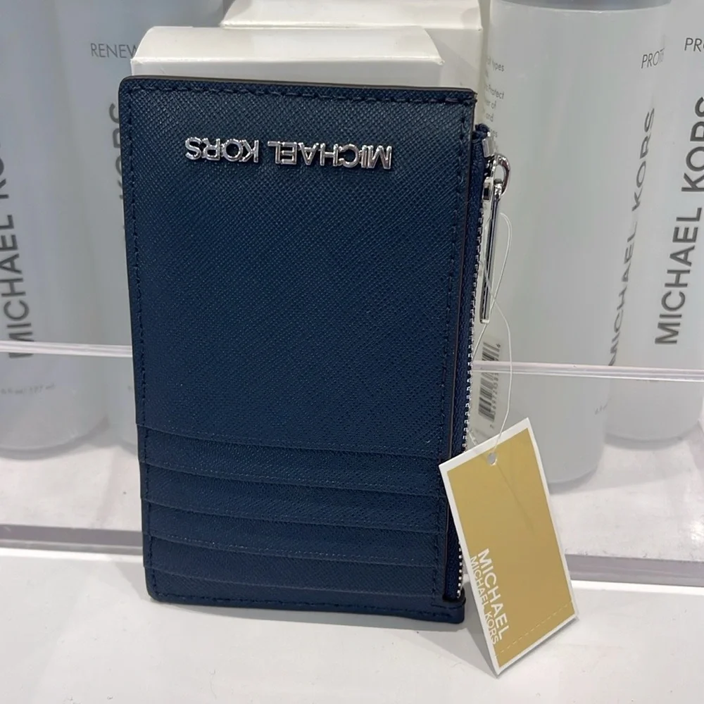 Michael Kors Jet Set Travel Medium Leather Card Case Navy Silver NWT